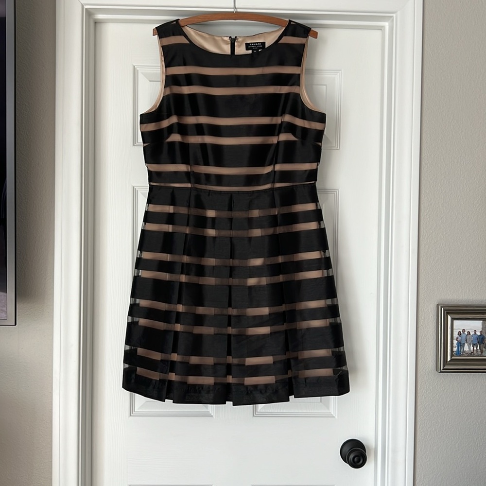 Tahari Black & Taupe Shadow Stripe Organza Fit & Flare Dress 12P"